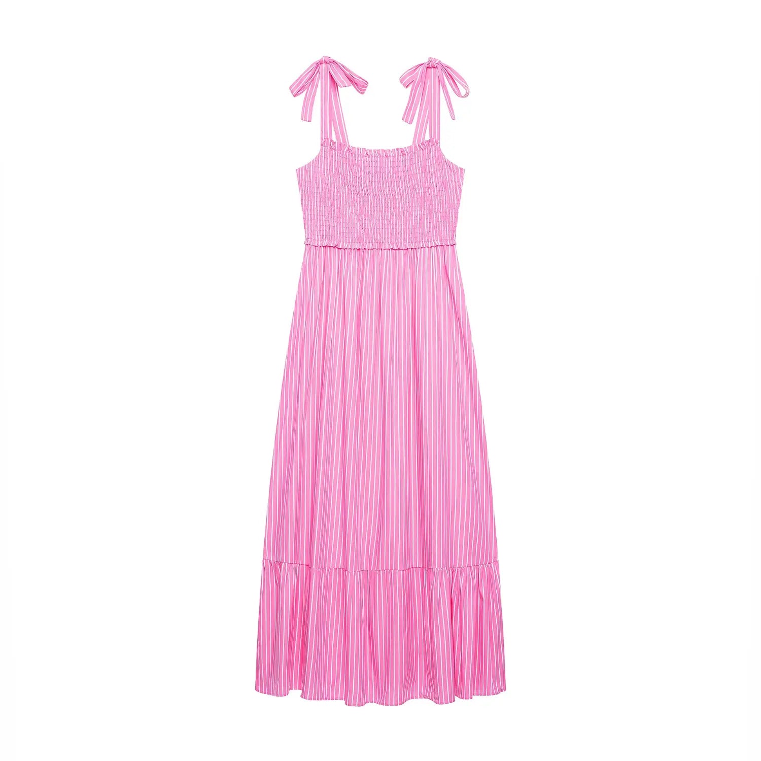 Full flat back view of hot pink stripe tie‑shoulder smocked maxi dress