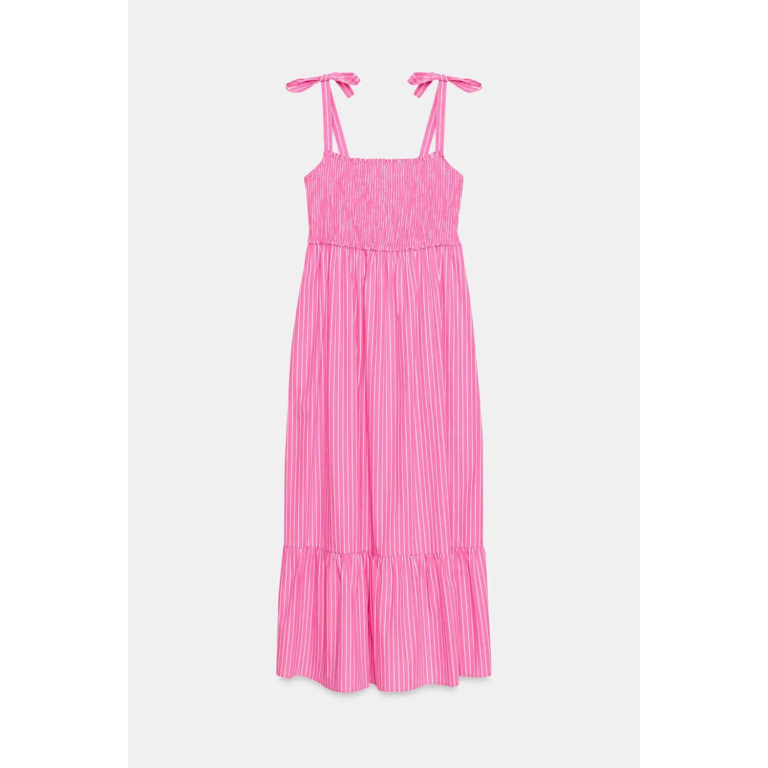Flat lay front view of hot pink stripe tie‑shoulder smocked ruffle hem maxi dress