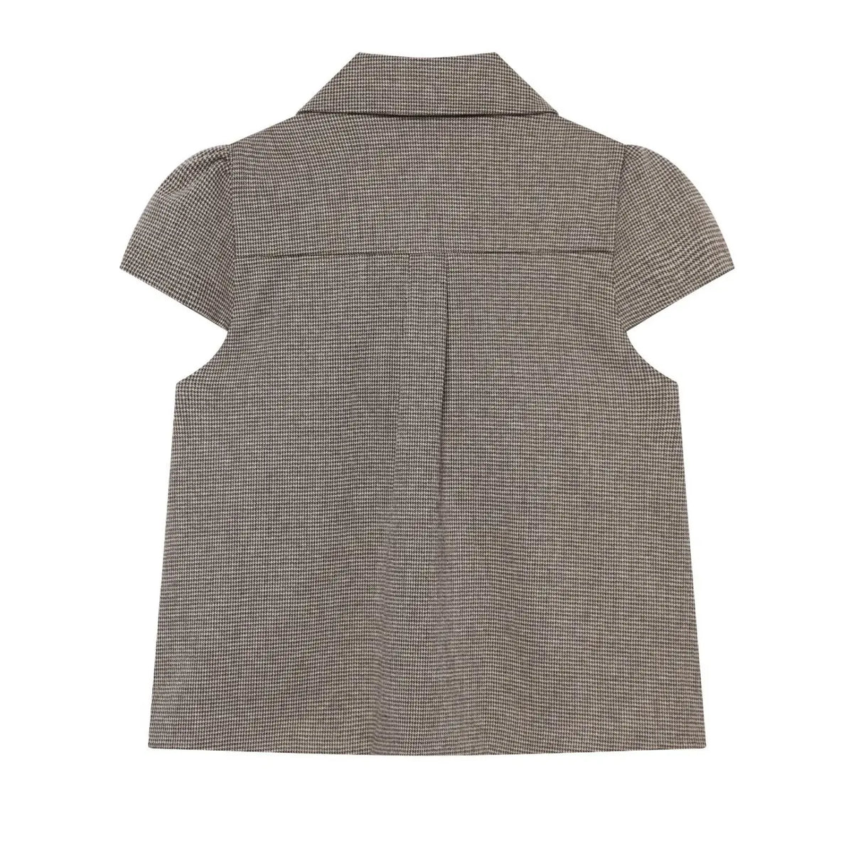 Back flat lay of houndstooth collared puff sleeve cropped blouse