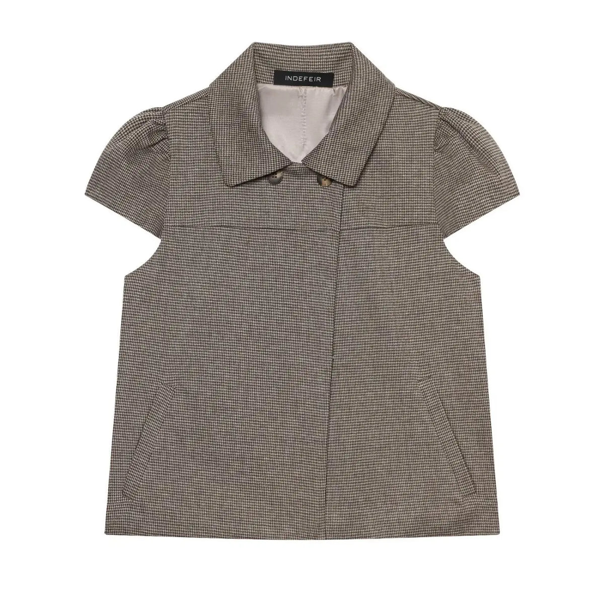 Front flat lay of houndstooth collared puff sleeve cropped blouse