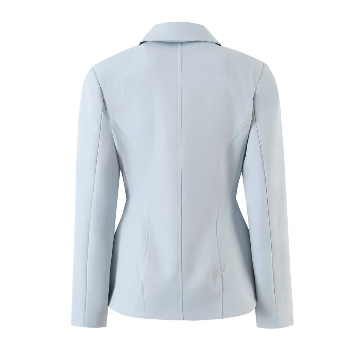 Ice blue double breasted notch lapel fitted blazer, back flat lay
