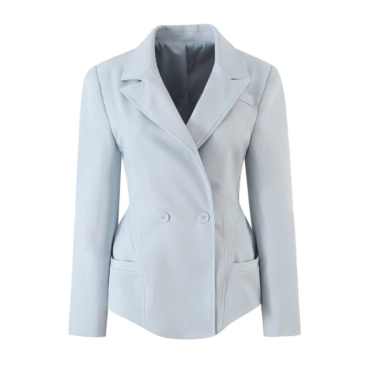 Ice blue double breasted notch lapel fitted blazer, front flat lay