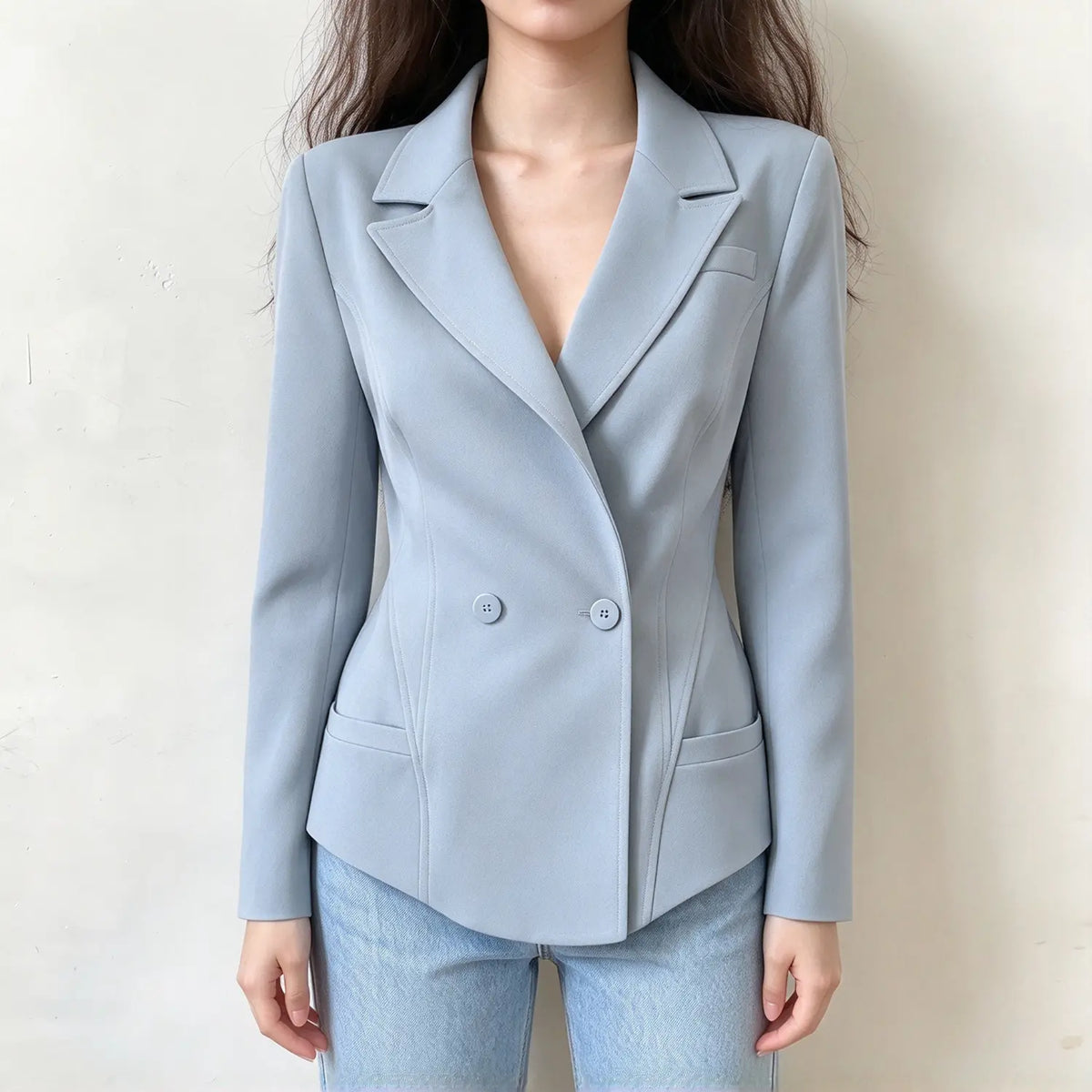 Model wearing ice blue double breasted notch lapel blazer, front view