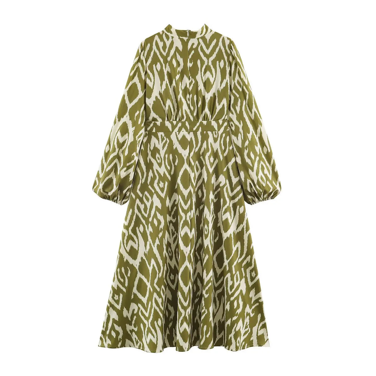 Ikat print pleated bodice high neck midi dress, back flat lay