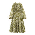 Ikat print pleated bodice high neck midi dress, front flat lay
