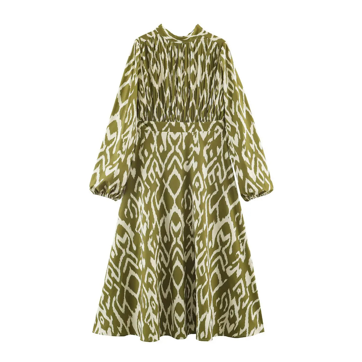 Ikat print pleated bodice high neck midi dress, front flat lay