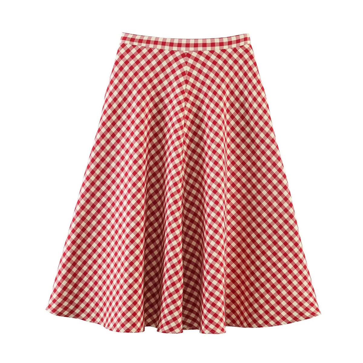 Front flat lay of gingham high waist flared midi skirt