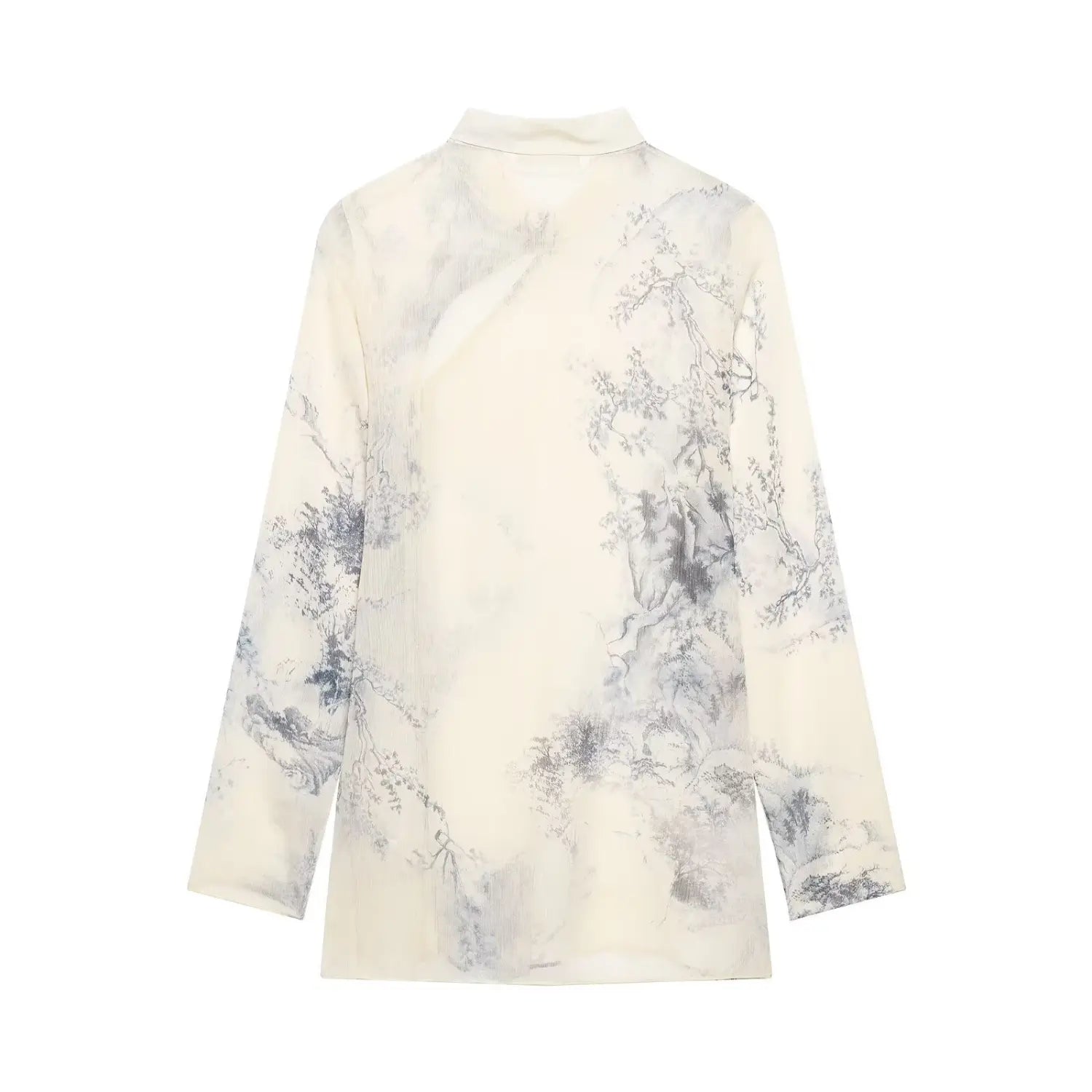 Complete blouse back flat lay shot, full seamless ink landscape print, smooth solid inner lining, regular straight back silhouette