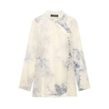 Garment front flat lay main view, off-white base ink wash mountain tree print, mandarin stand collar, diagonal hollow cutout, vertical chinese frog buttons, long loose sleeve