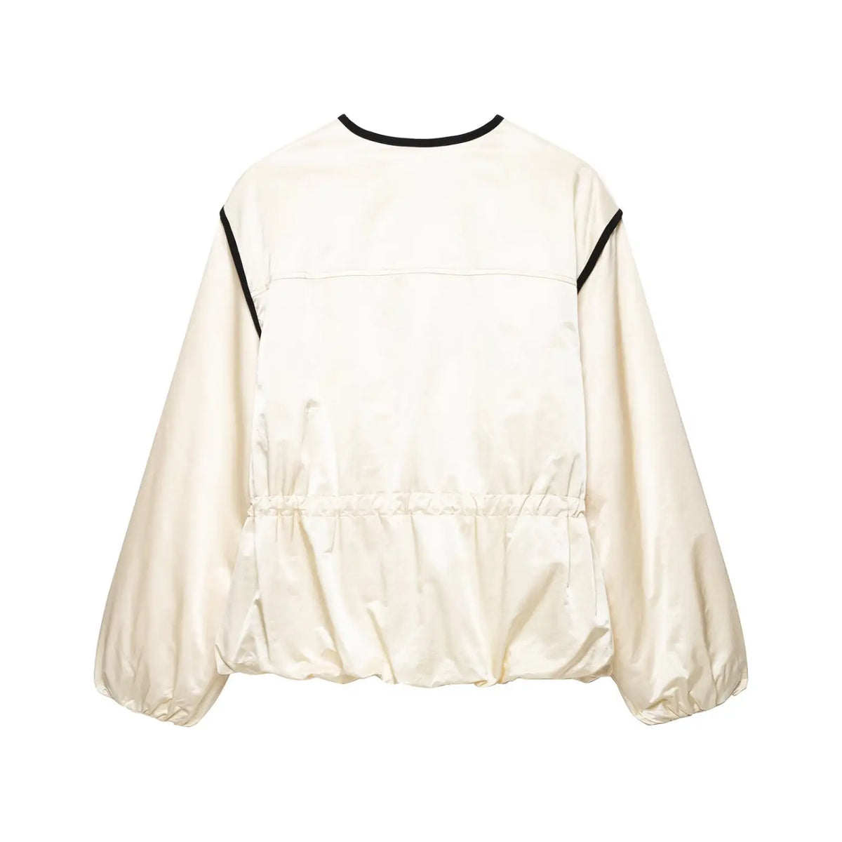 Back flat lay of ivory black trim crew neck gathered waist puff sleeve jacket