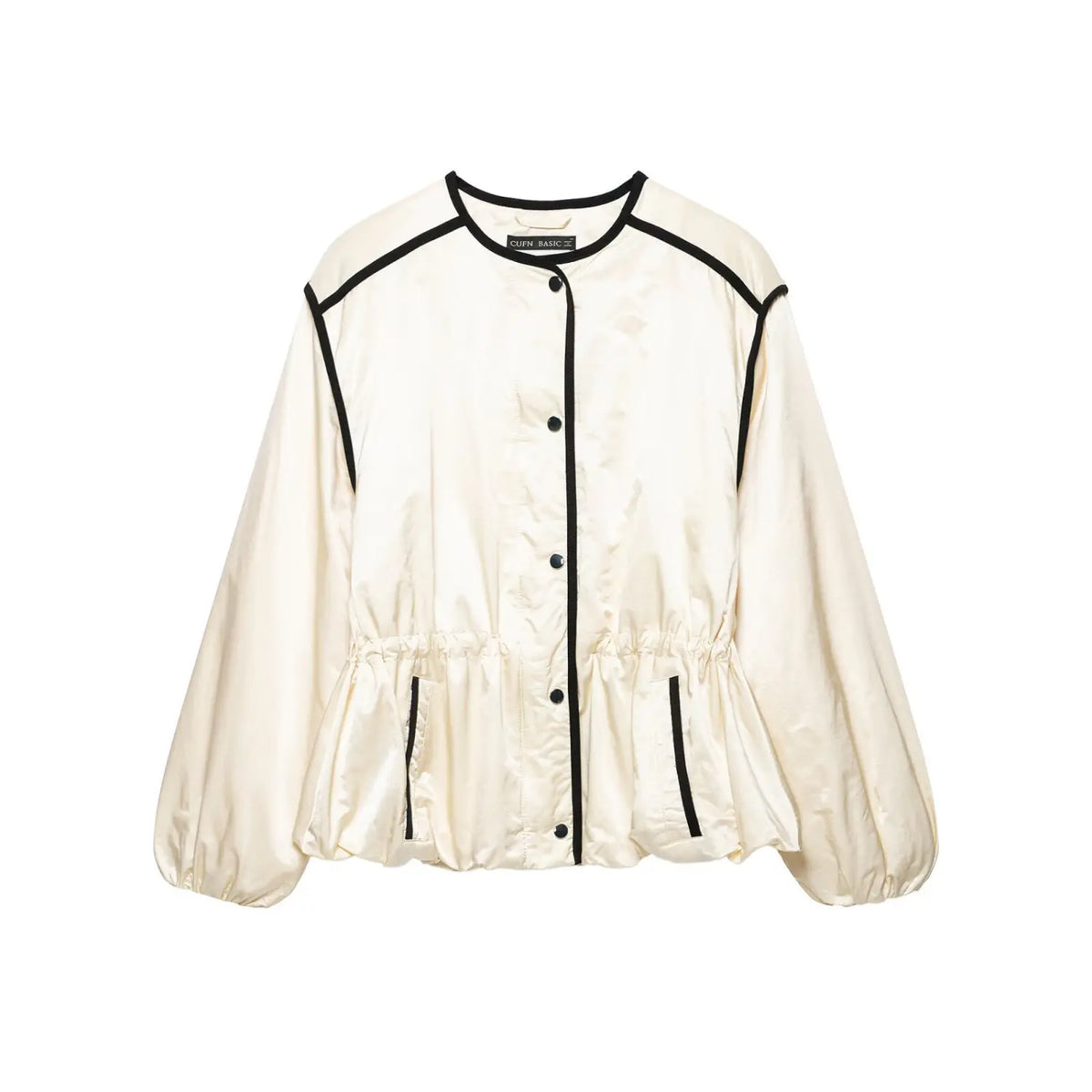 Front flat lay of ivory black trim crew neck gathered waist puff sleeve jacket