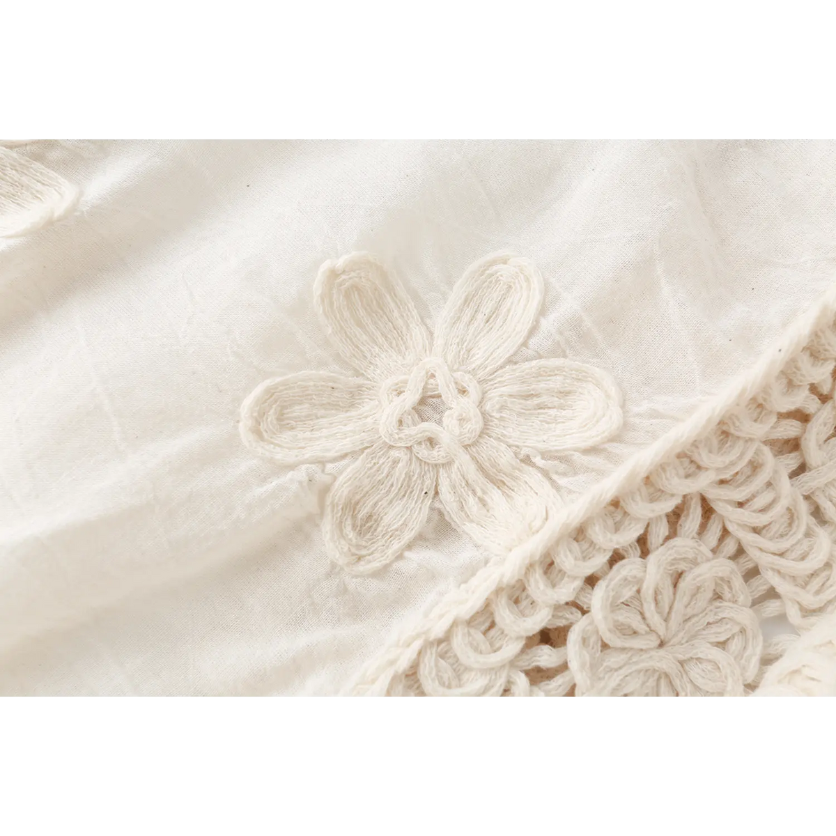 Close-up of floral embroidery on cotton body
