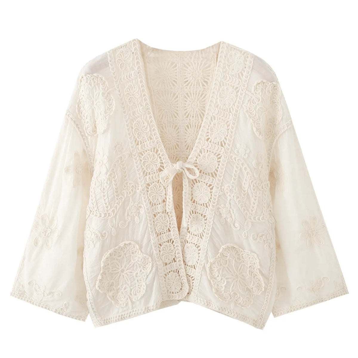 Front flat lay of ivory crochet lace tie front jacket