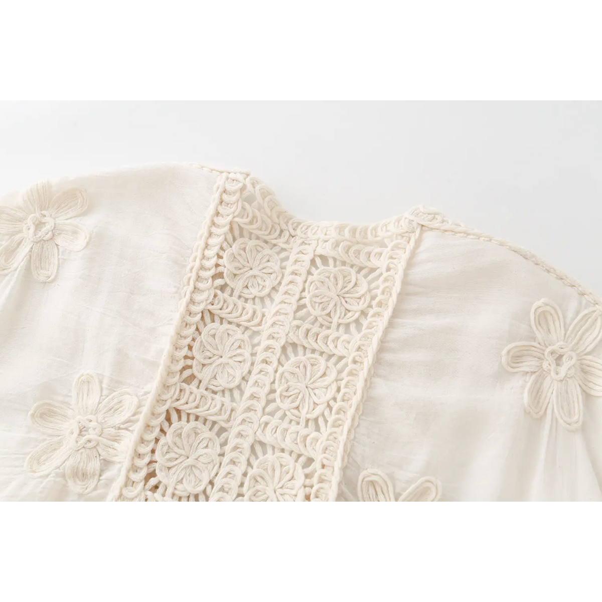 Close-up of V neckline and lace trim