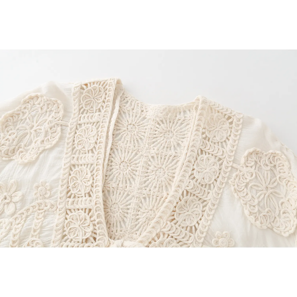 Close-up of front placket crochet lace pattern