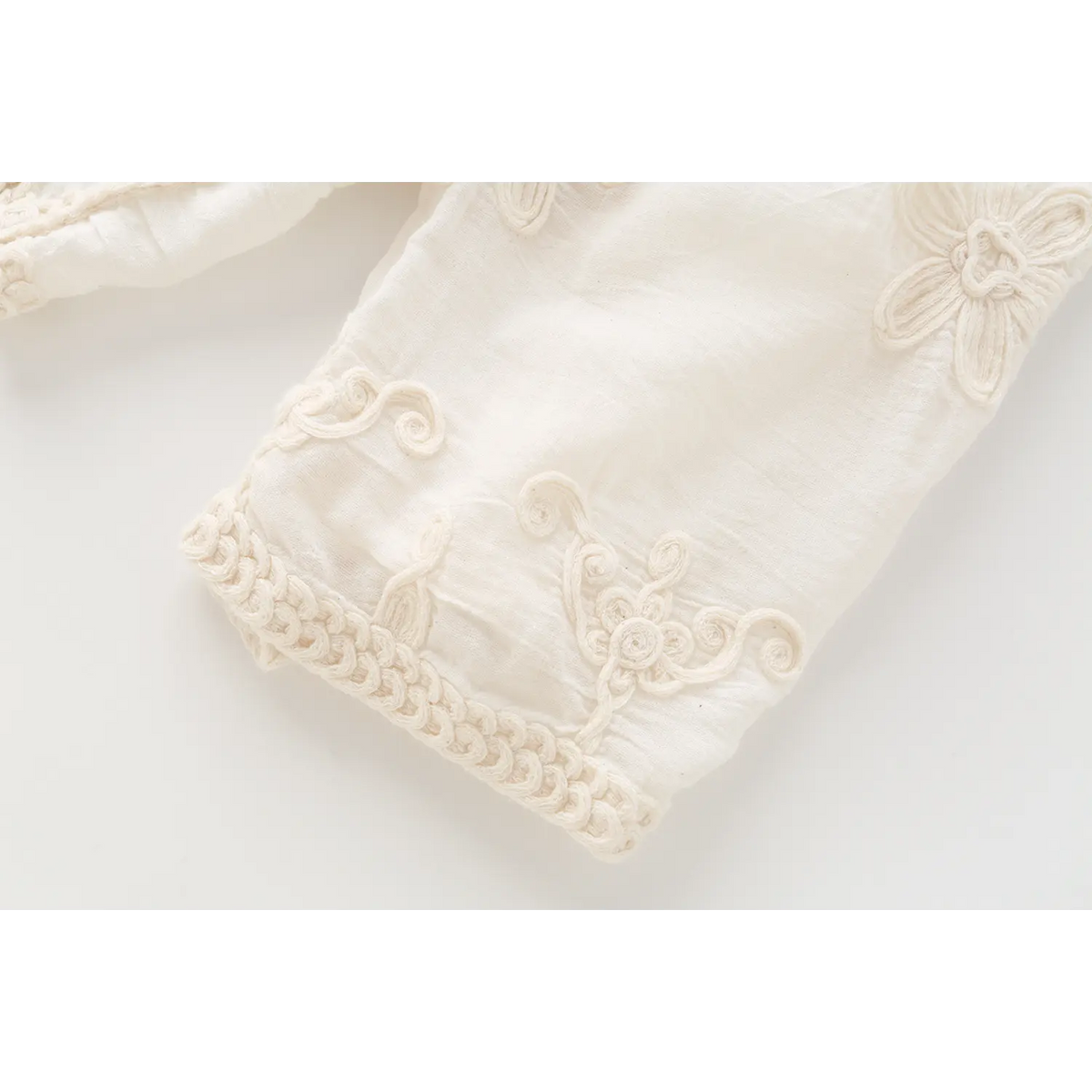 Close-up of sleeve cuff and floral embroidery