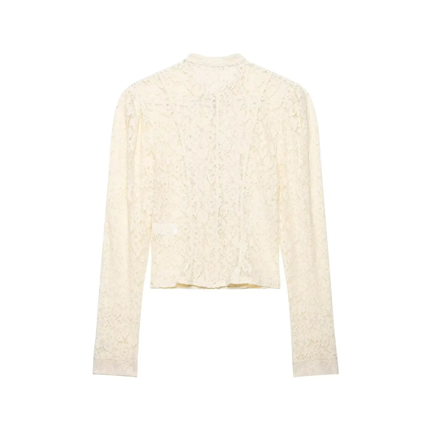 Back flat lay fitted cream lace cropped jacket, princess seam tailored silhouette