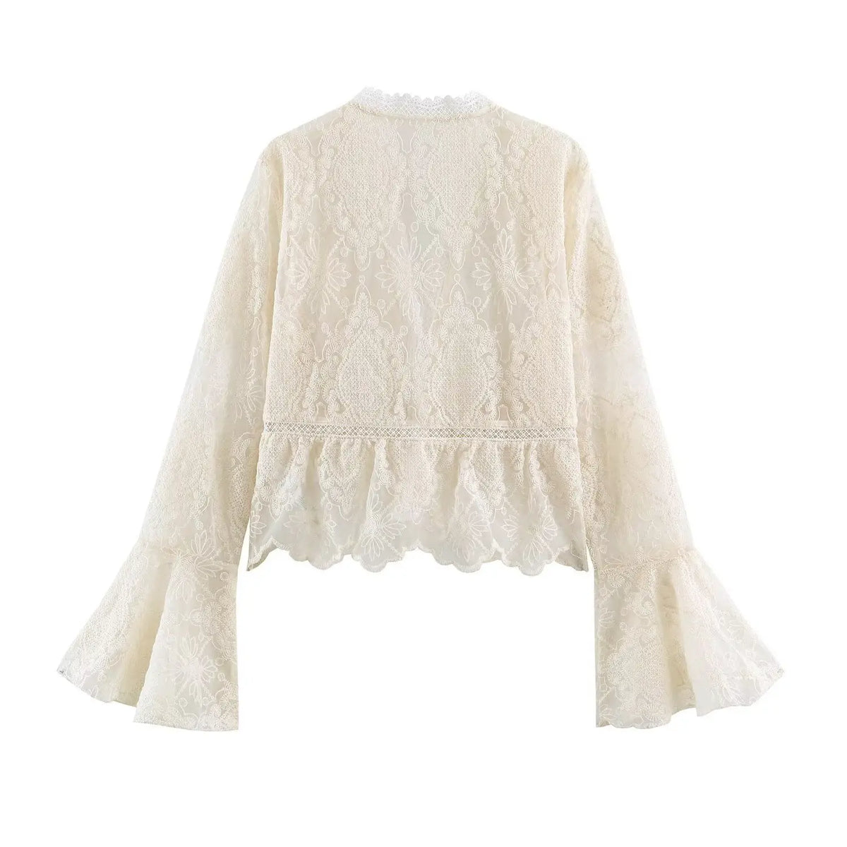 Back view of ivory lace peplum top with floral embroidery