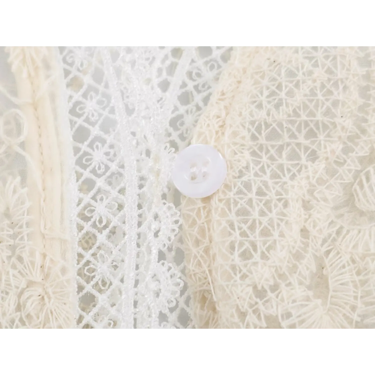Close-up of pearl button on front placket