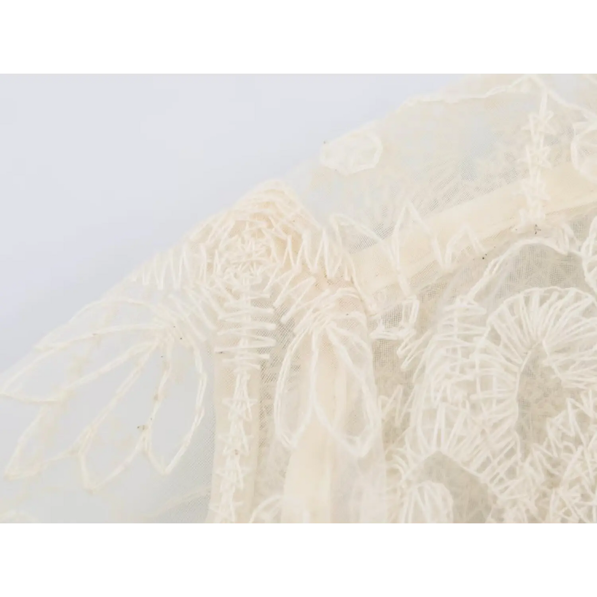 Close-up of floral lace embroidery on sheer mesh