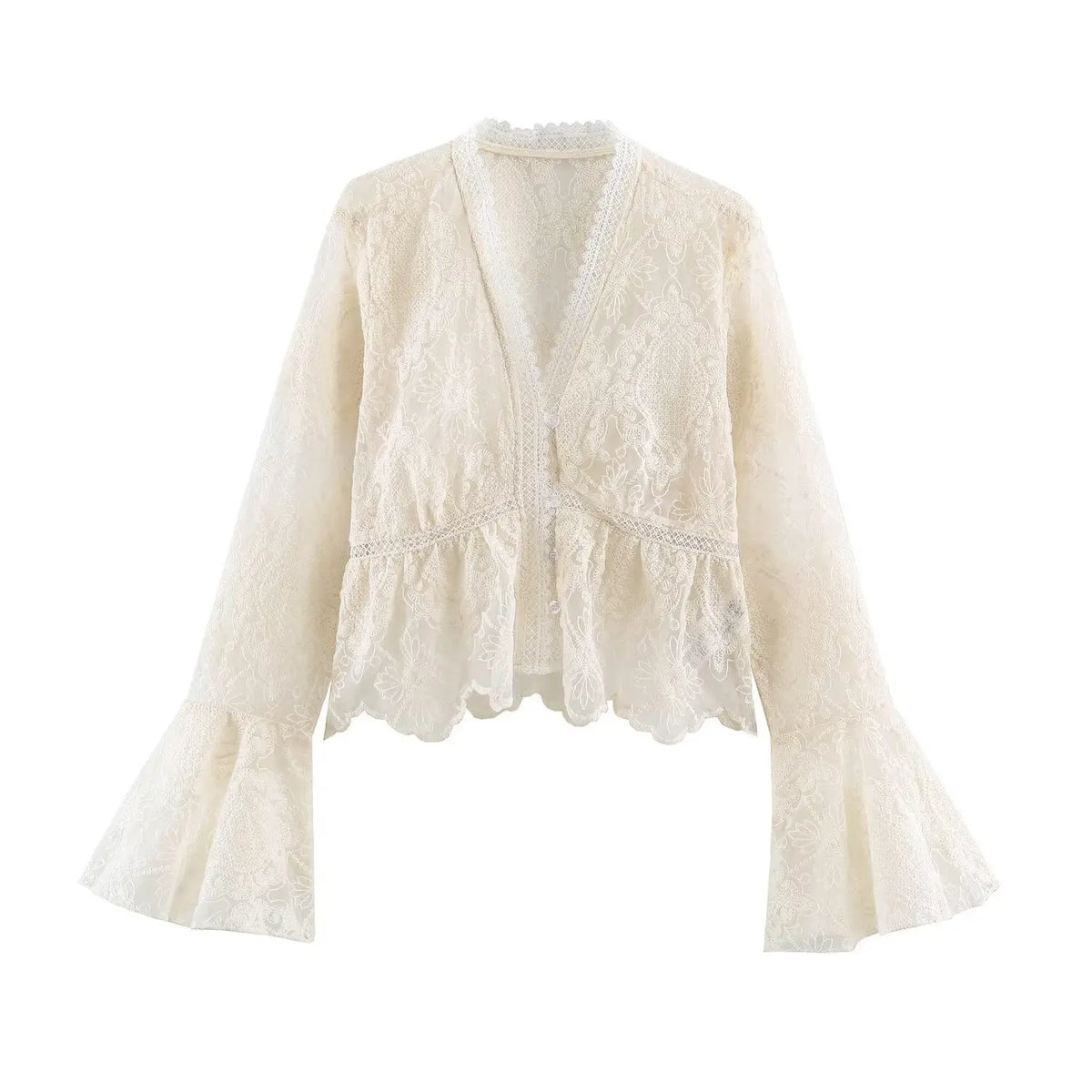 Front view of ivory lace embroidered bell sleeve peplum top on white background