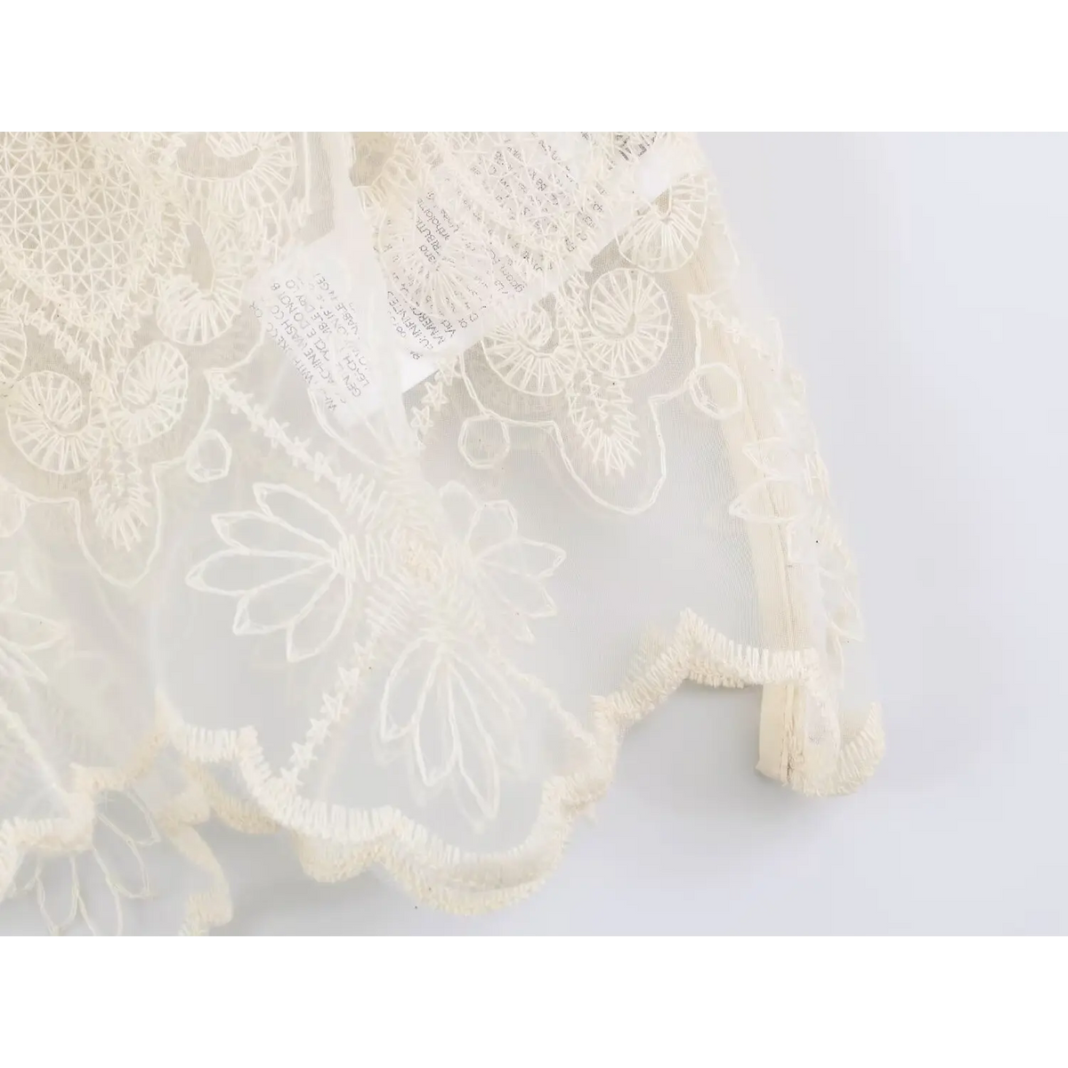 Close-up of hem lace trim and inner label