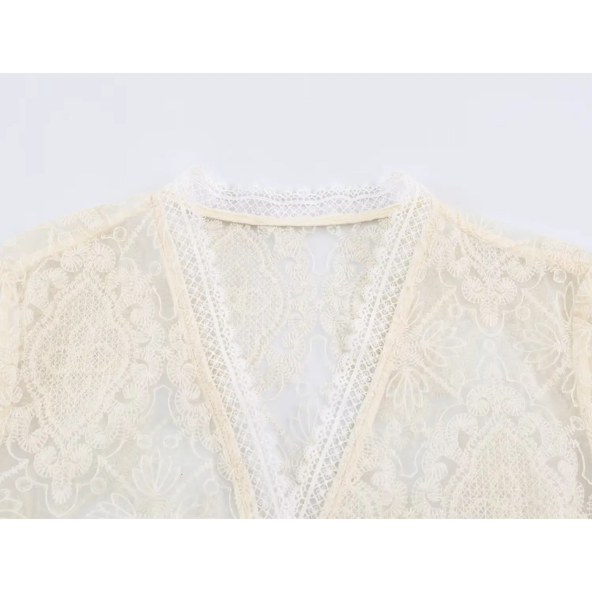 Close-up of V neckline and scalloped lace trim