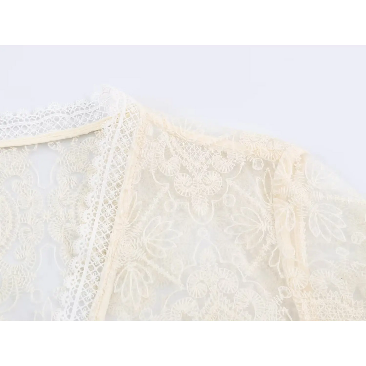 Close-up of shoulder and lace embroidered mesh
