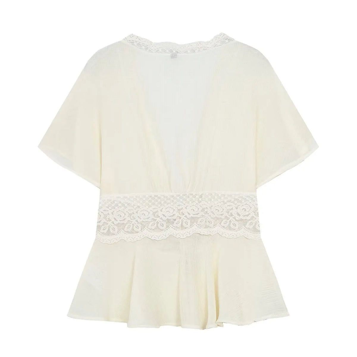 Back flat lay of ivory lace peplum top
