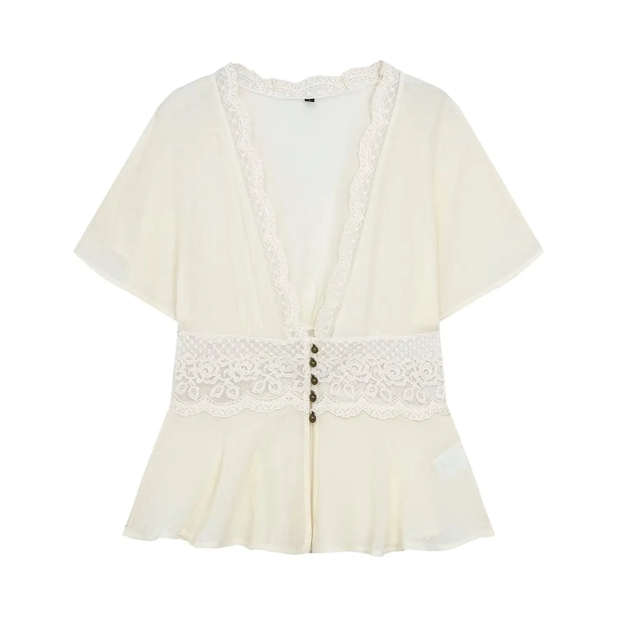 Front flat lay of ivory lace trimmed V neck peplum top
