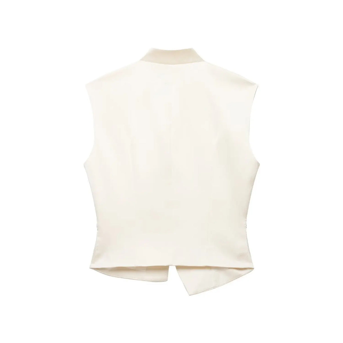 Ivory mandarin collar asymmetric button front vest, back flat lay