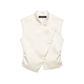 Ivory mandarin collar asymmetric button front vest, front flat lay