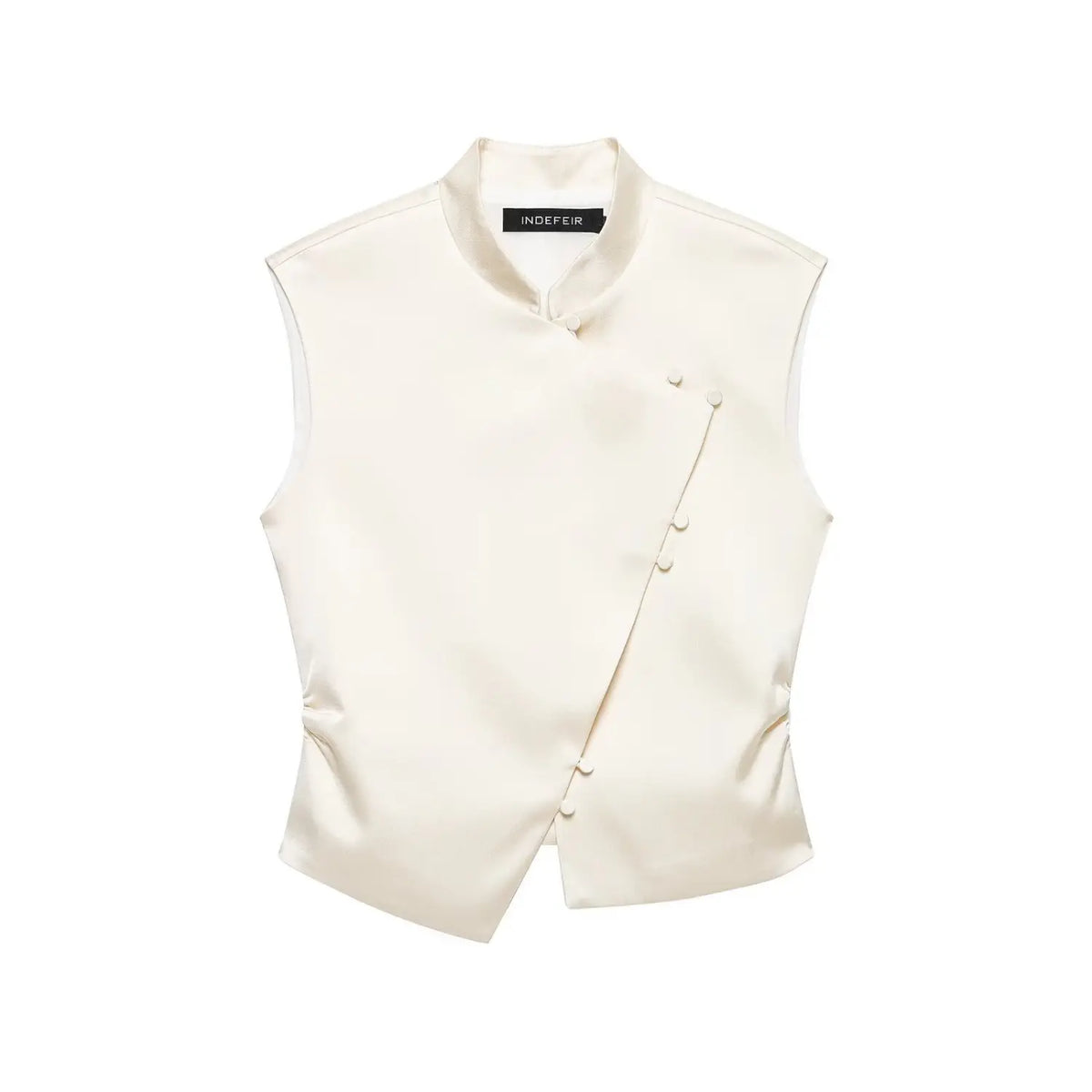 Ivory mandarin collar asymmetric button front vest, front flat lay