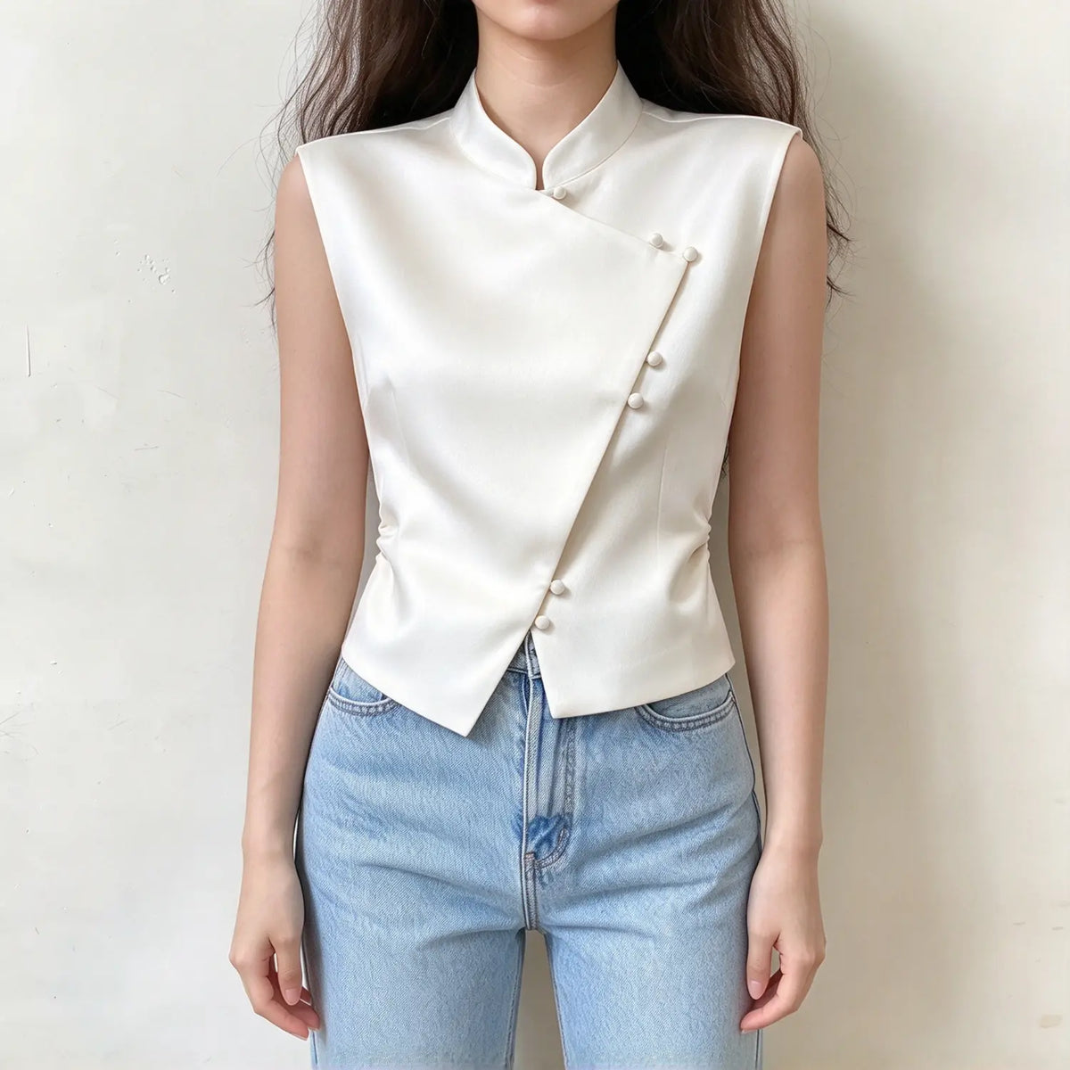 Model wearing ivory mandarin collar asymmetric button front vest with jeans, front view