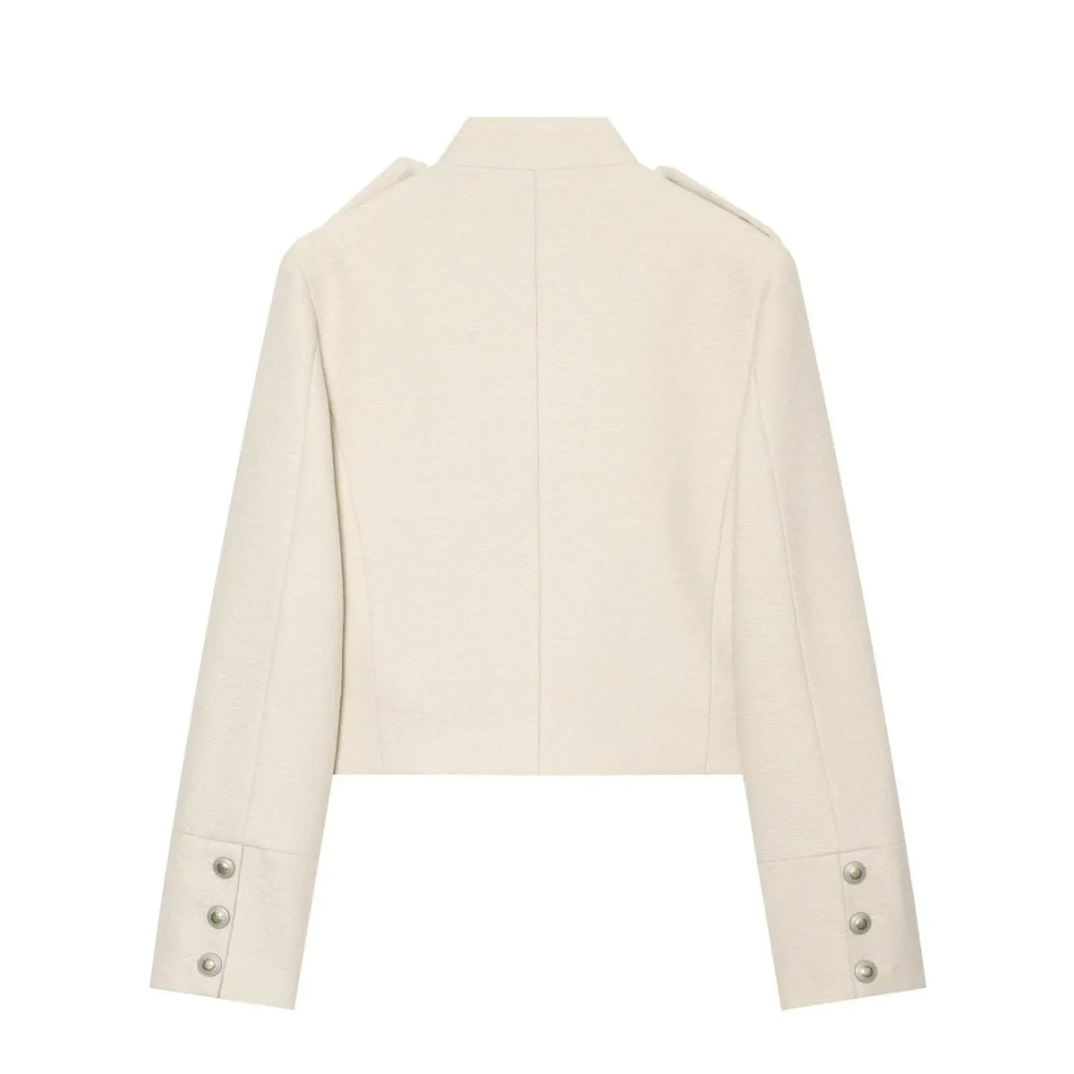 Back view of ivory military cropped jacket with button cuffs and center seam