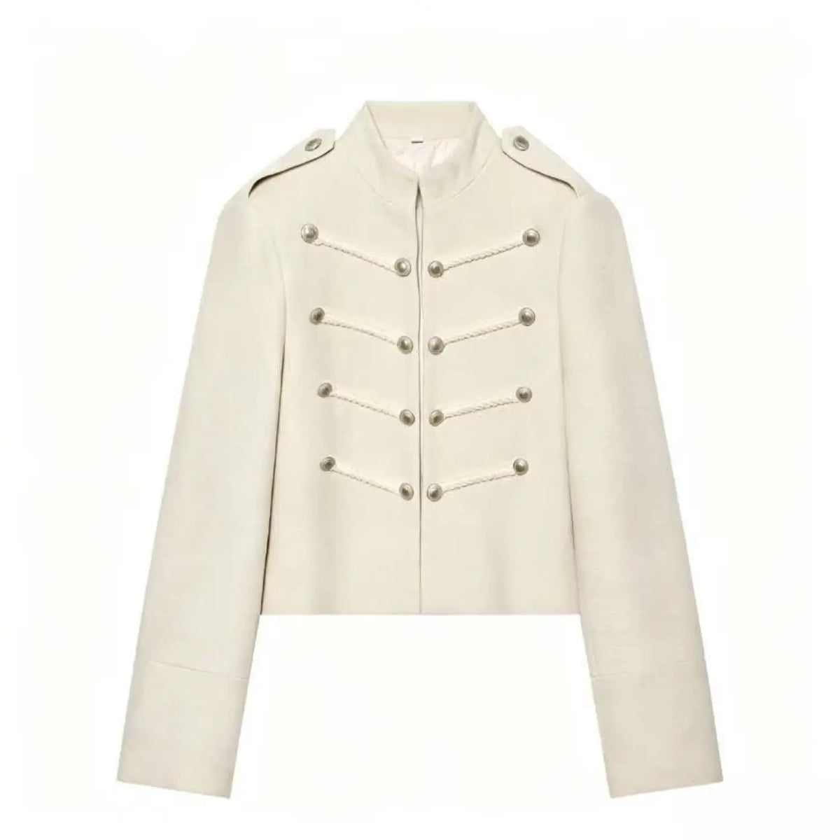 Full front view of ivory military cropped jacket with stand collar and long sleeves