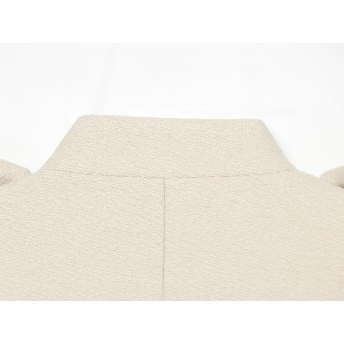 Close-up of back stand collar on ivory military jacket