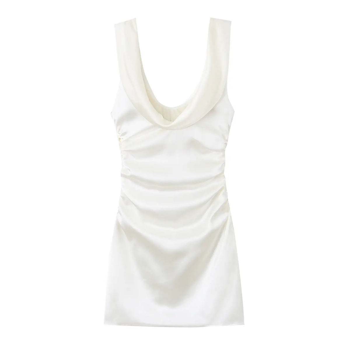 Back flat lay of ivory satin cowl neck ruched waist mini dress