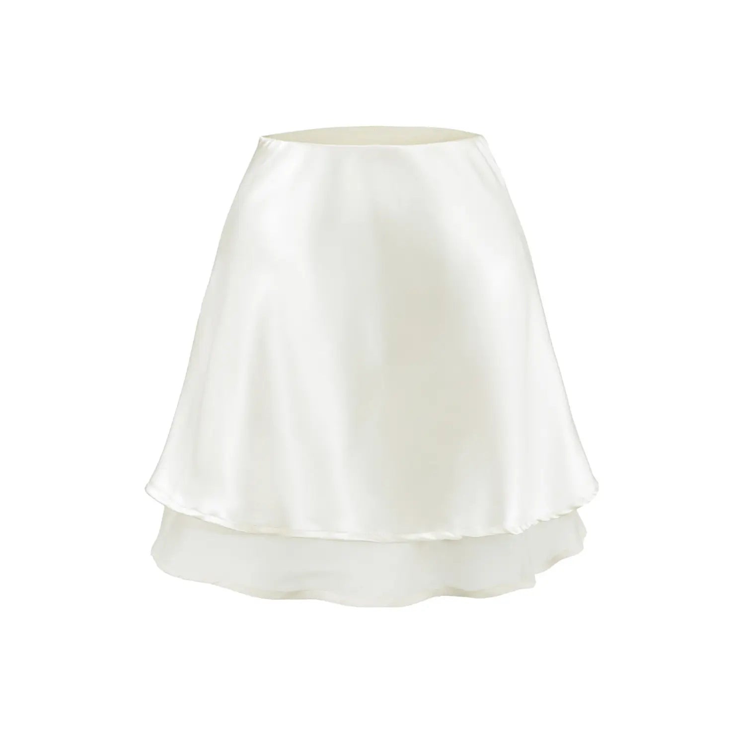 Ivory layered satin mini skirt white flat single shot, soft glossy satin fabric staggered double ruffle hem high waist slim short skirt