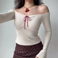 Ivory ribbed off shoulder cropped knit top with red satin drawstring, flare long sleeve ruched bust slim women everyday top