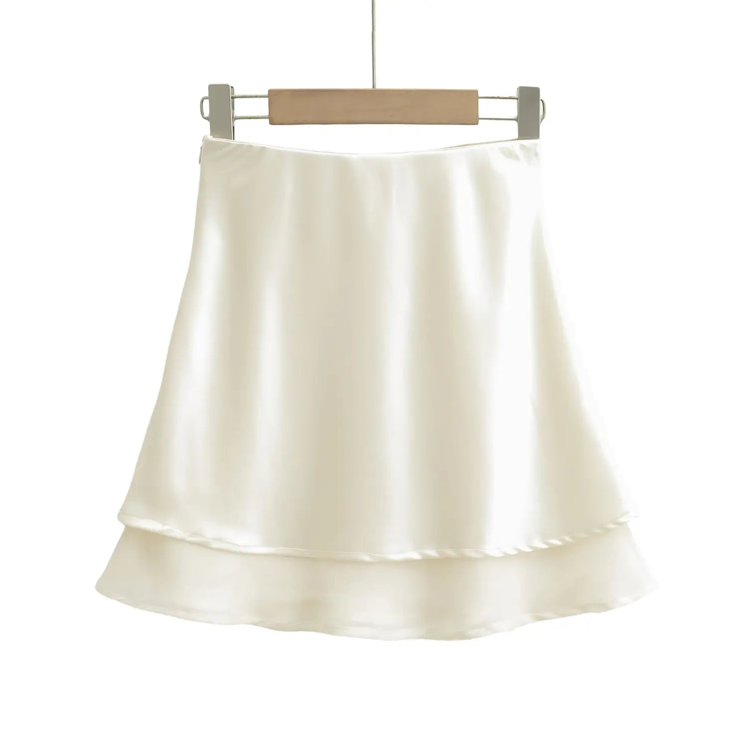 Ivory satin skirt front hanging shot smooth high waistband naturally flared A-line double hem soft satin drape fabric