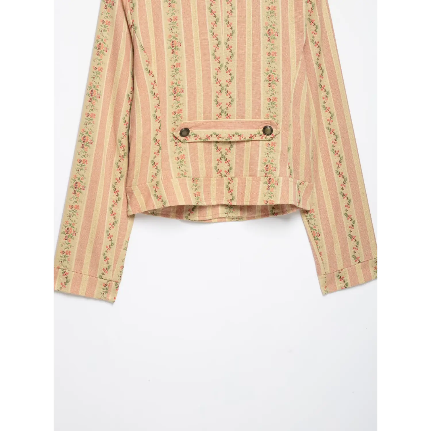 Partial rear shot pink flower vine stripe short outerwear, cropped hem, long sleeve cuff detail