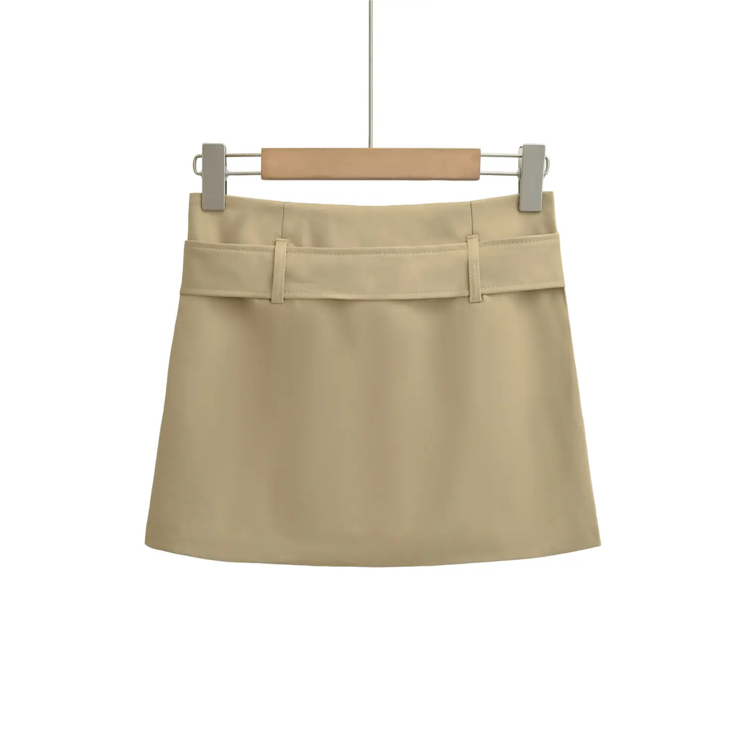 Khaki a-line mini skirt full back hanger plain white flat lay, simple smooth back waist double belt loops clean a-line cut solid suit fabric skirt back shot
