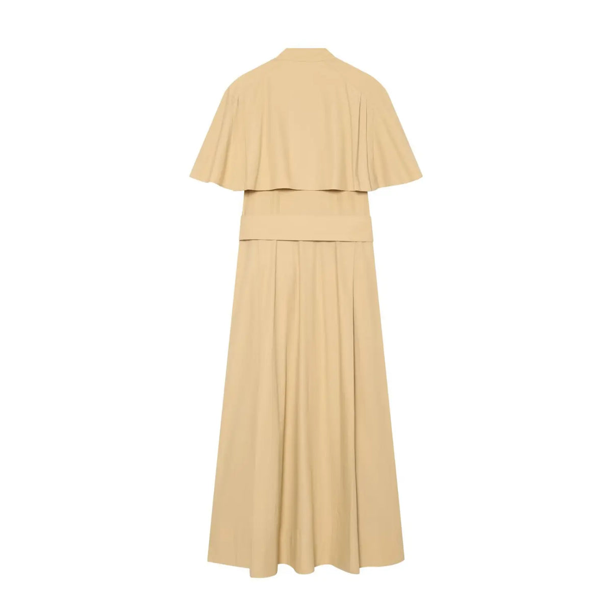 Back flat lay of khaki belted cape shoulder midi dress