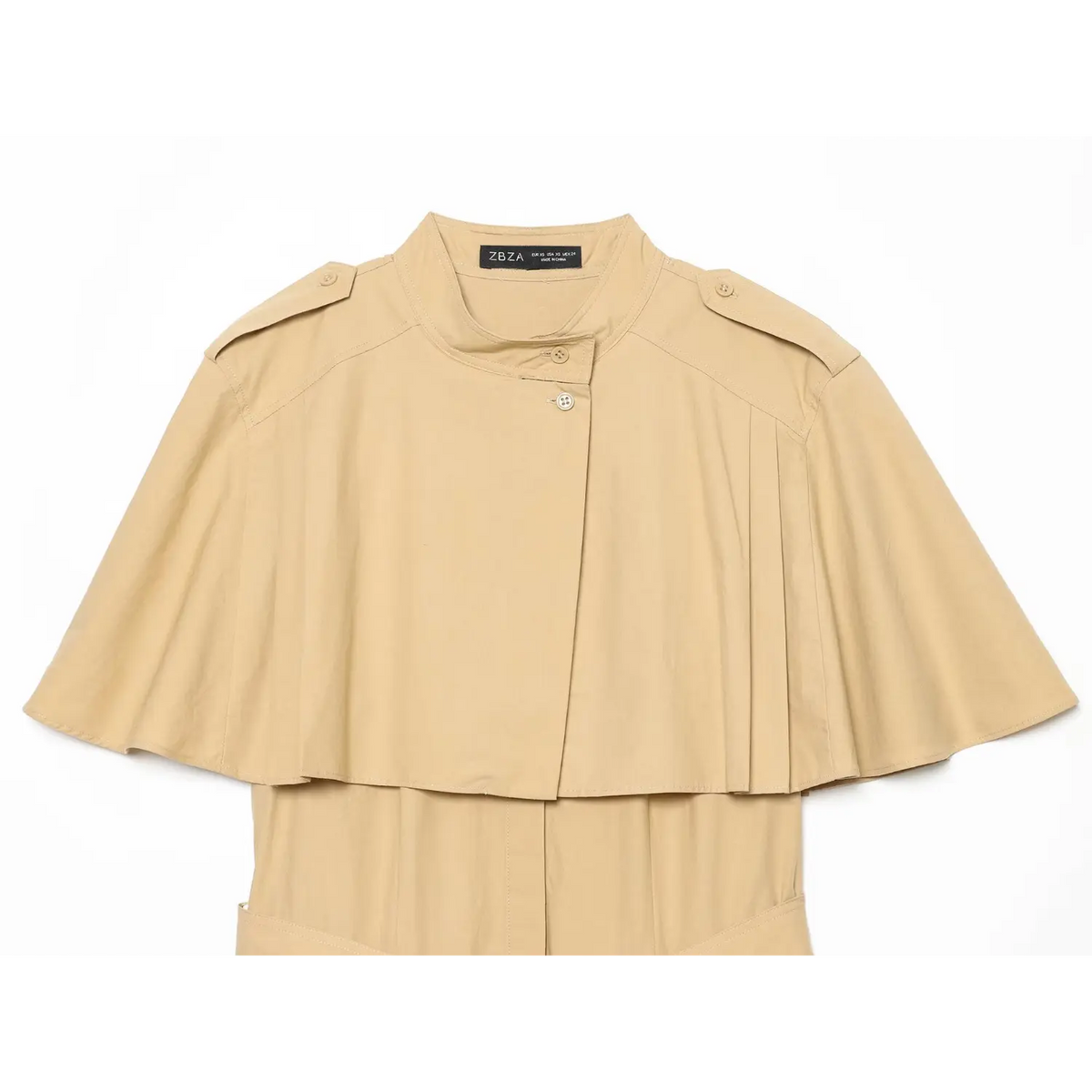 Close-up of stand collar cape overlay and buttons