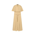 Front flat lay of khaki belted cape shoulder midi dress