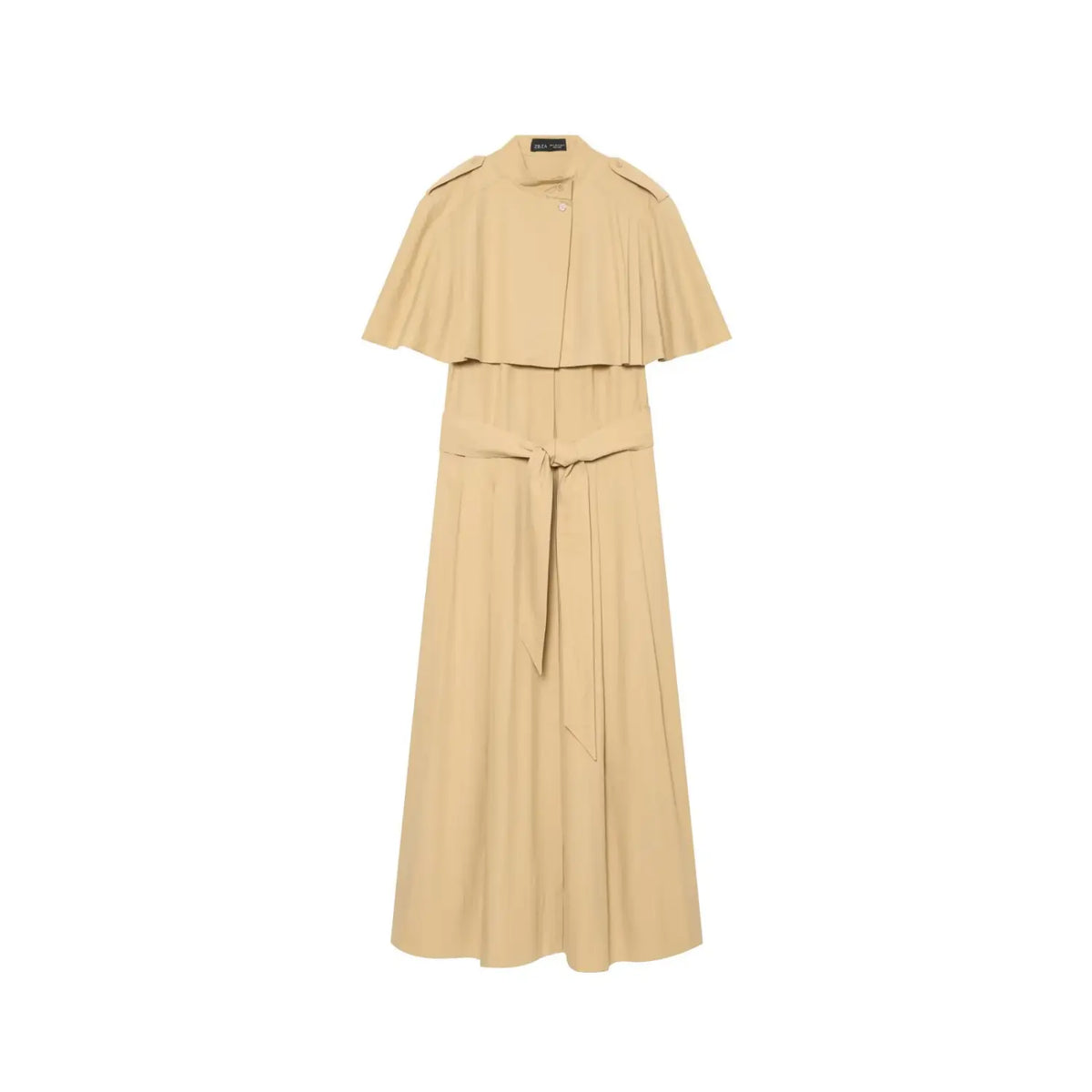 Front flat lay of khaki belted cape shoulder midi dress