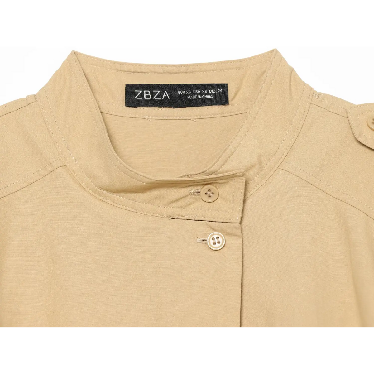 Close-up of neck label and placket buttons