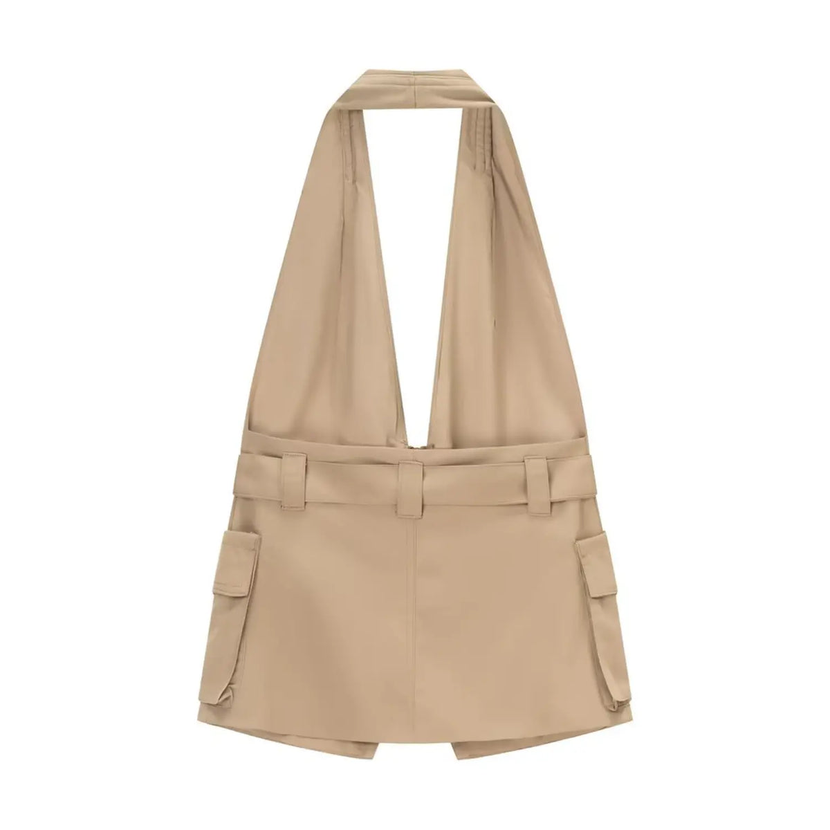Khaki belted cargo halter vest, back flat lay