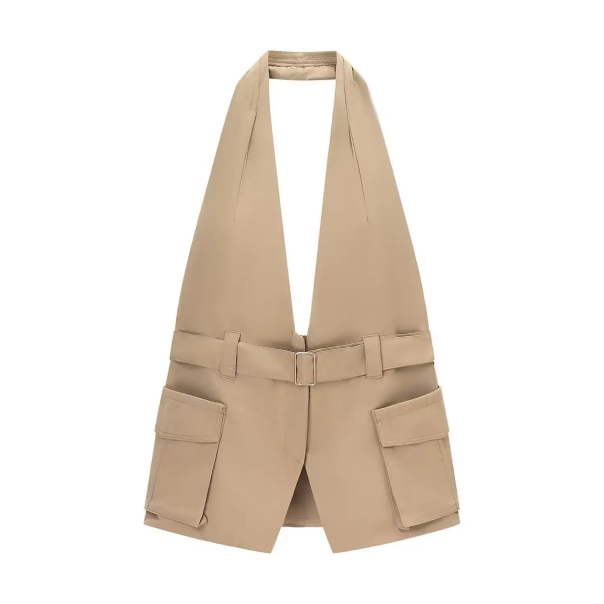Khaki belted cargo halter vest, front flat lay